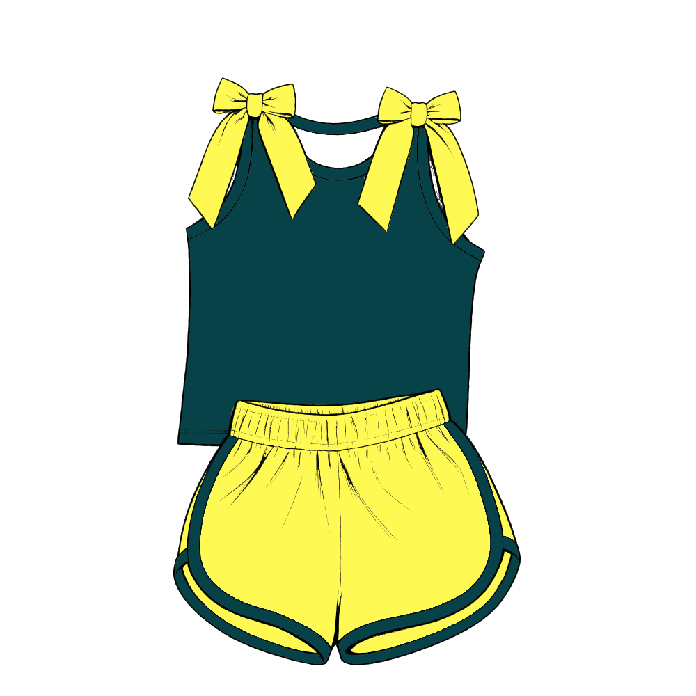 custom moq 5 mix size Baby Girls Bow Sleeveless Green Top Shorts Summer Casual Clothes Set