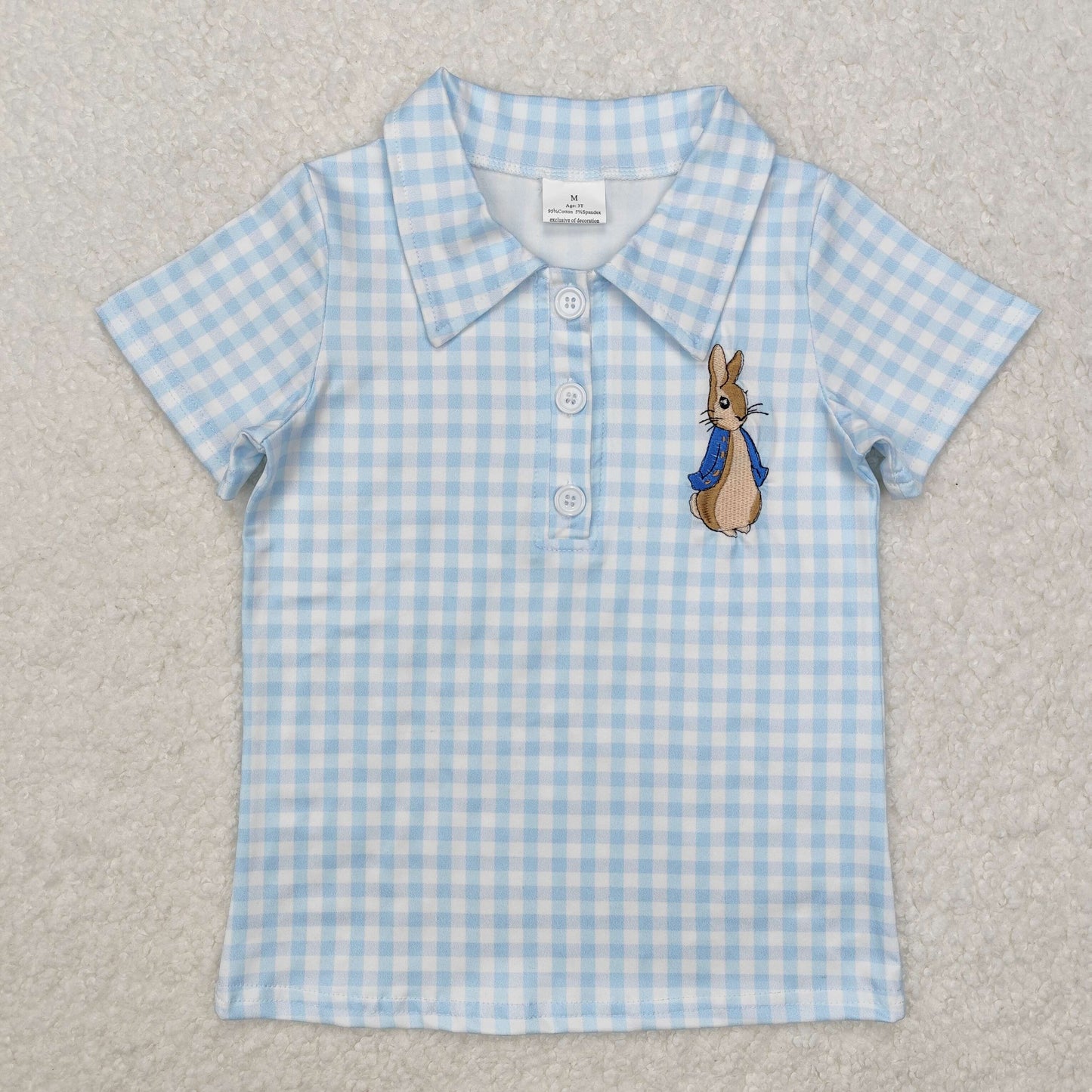 RTS NO MOQ（In Stock) BT1095 Embroidered Easter bunny blue plaid short-sleeved top
