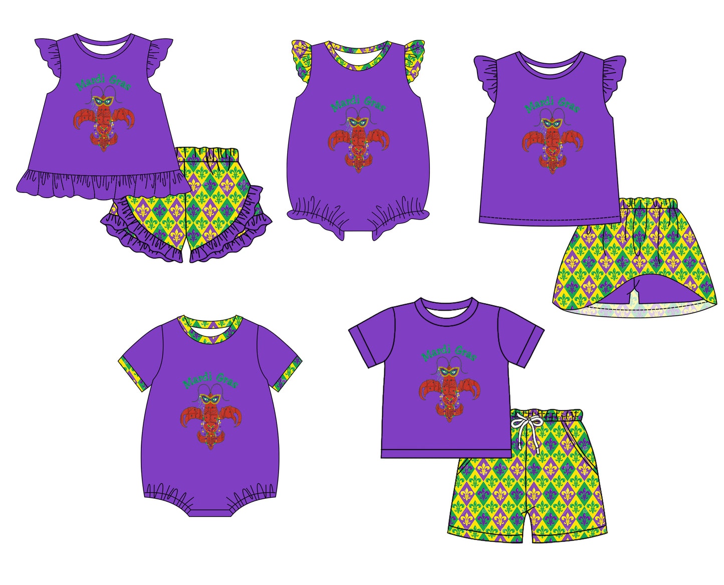 12.4 custom each style moq 5eta 4-6week Sibling Sister mardi gras lobster baby girl short sleeve shorts sets and sets 2 and girls romper and boy romper and dress match design