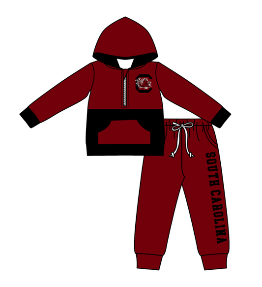 Custom moq 5 mix size eta 6-8weeks milk silk summer teams dark red baby boy clothes hooded long sleeve pants sets-25.10.24