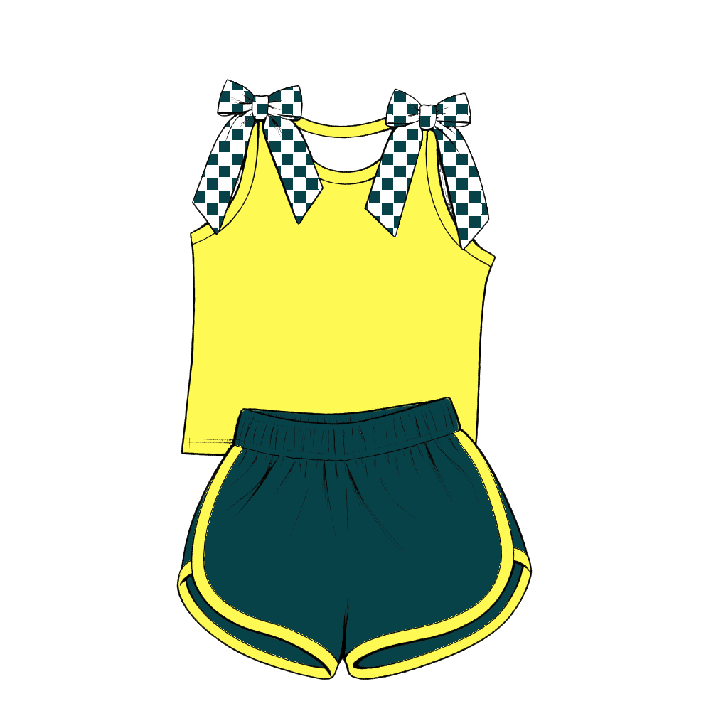 custom moq 5 mix size Baby Girls Bow Sleeveless Green Top Shorts Summer Casual Clothes Set