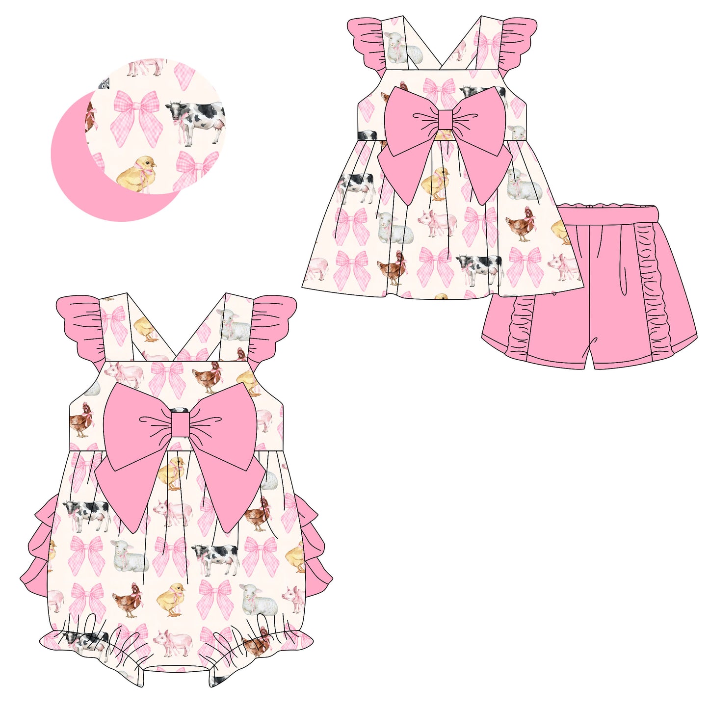 2.10 custom each style moq 5eta 4-6week Sibling Sister bow baby girls short sleeve shorts sets and romper match design