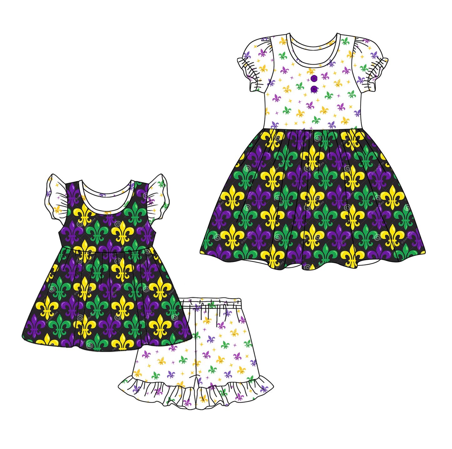 12.4 custom each style moq 5eta 4-6week Sibling Sister mardi gras baby girl short sleeve shorts sets and dresses match design