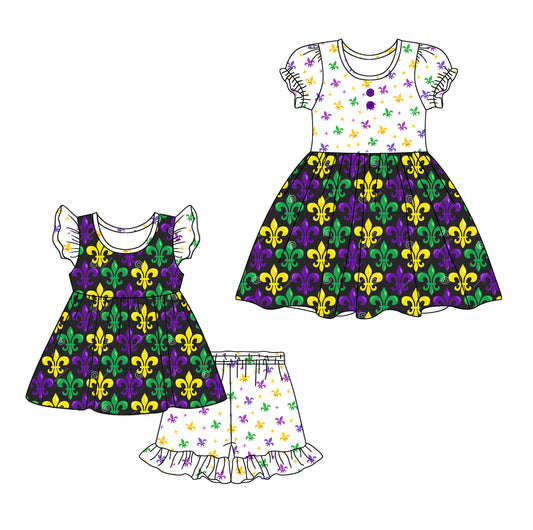 12.4 custom each style moq 5eta 4-6week Sibling Sister mardi gras baby girl short sleeve shorts sets and dresses match design