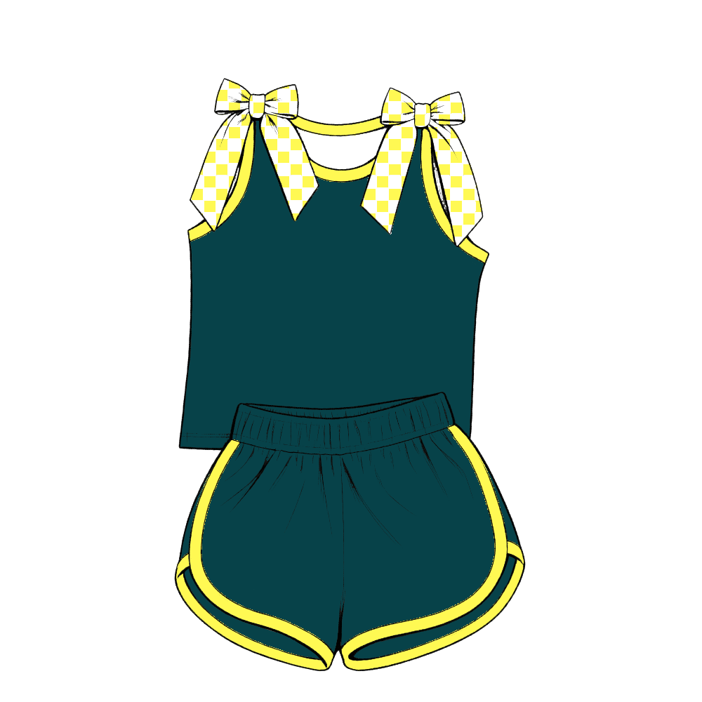 custom moq 5 mix size Baby Girls Bow Sleeveless Green Top Shorts Summer Casual Clothes Set