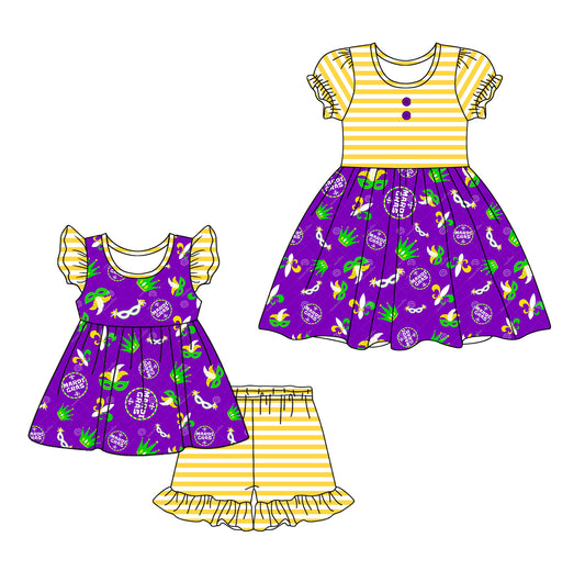 12.4 custom each style moq 5eta 4-6week Sibling Sister mardi gras baby girl short sleeve shorts sets and dresses match design