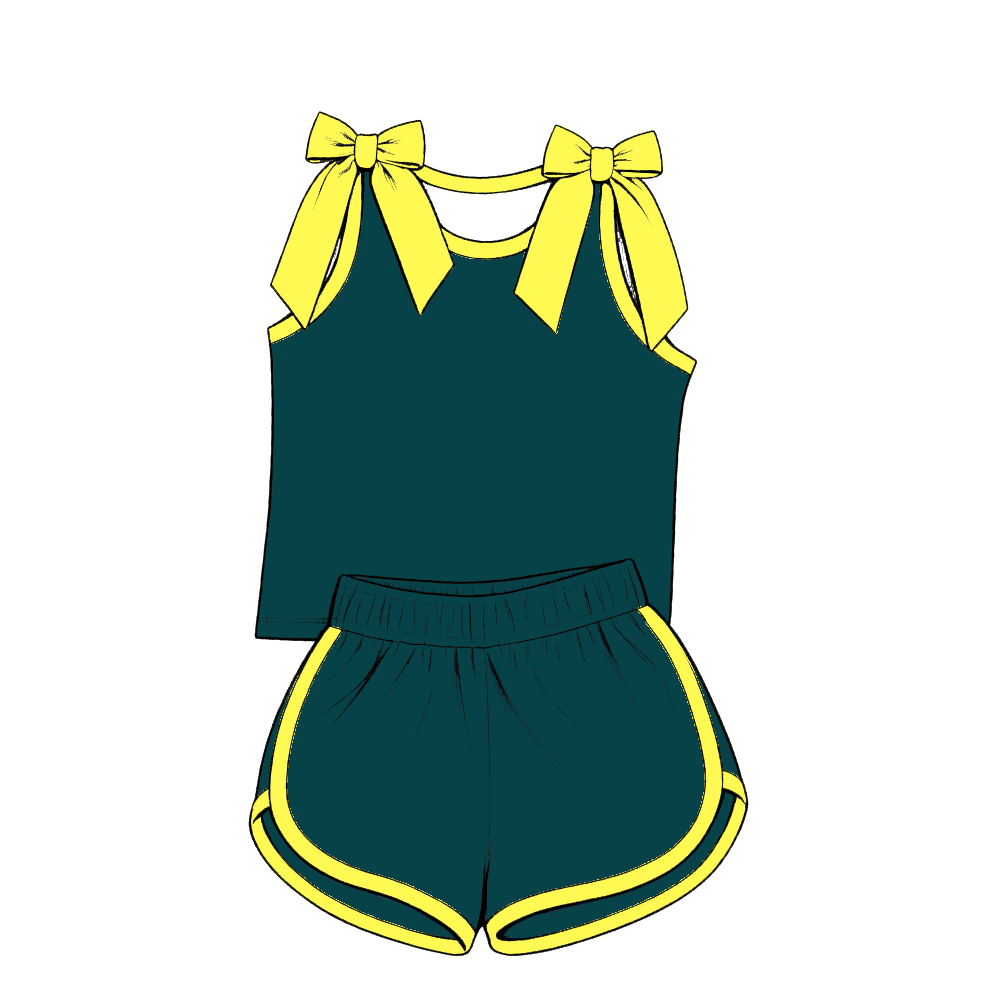 custom moq 5 mix size Baby Girls Bow Sleeveless Green Top Shorts Summer Casual Clothes Set