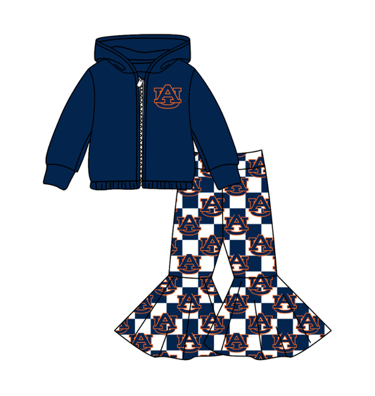 Custom moq 5 mix size milk silk summer teams baby girl clothes navy blue hooded long sleeve pants sets-25.11.3