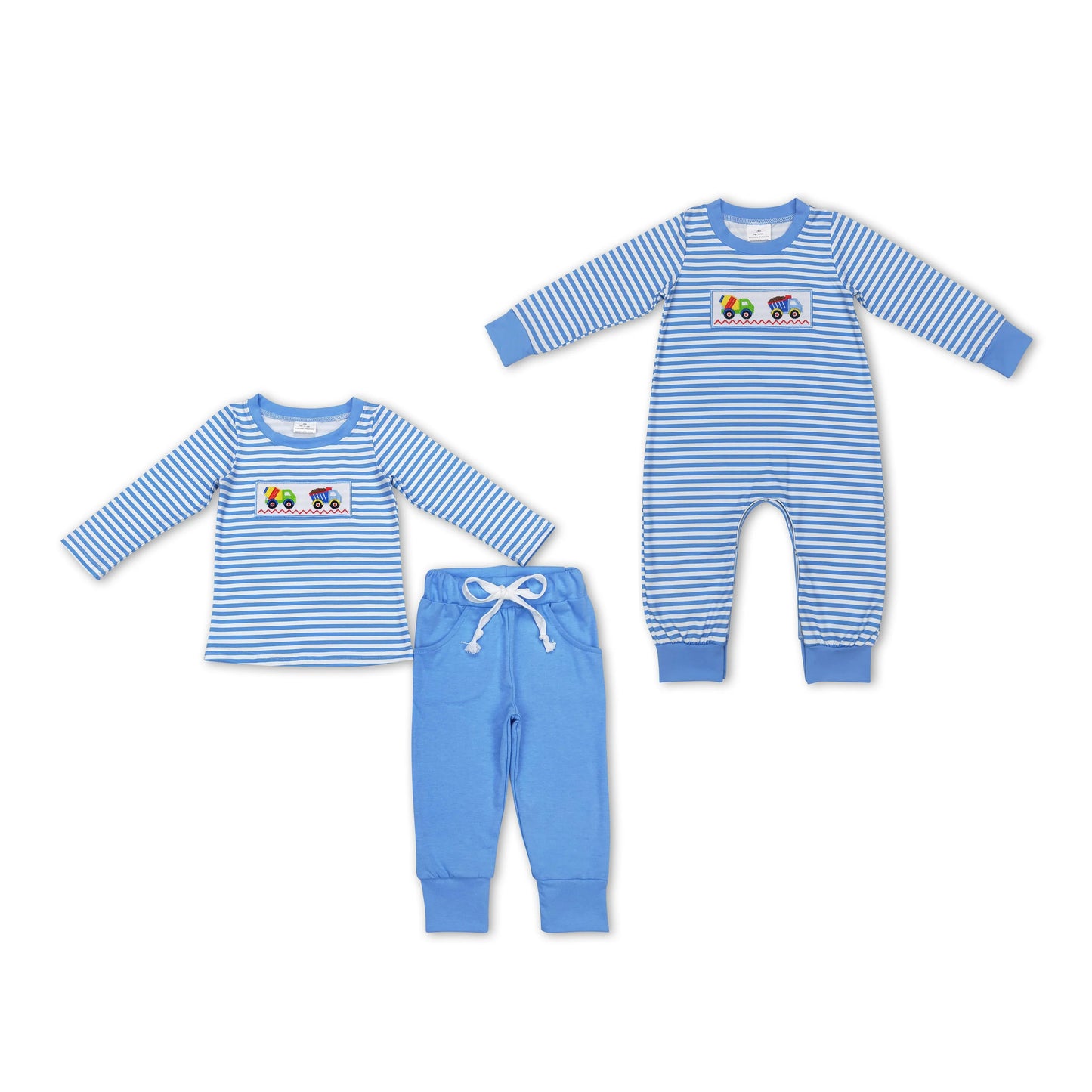 RTS NO MOQ LR0750 BLP0393 Blue striped long-sleeved top & romper with embroidered car pattern