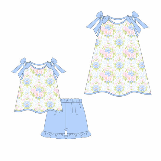 3.17 custom each style moq 5eta 4-6week Sibling Sister floral baby girl short sleeve shorts sets and dresses match design