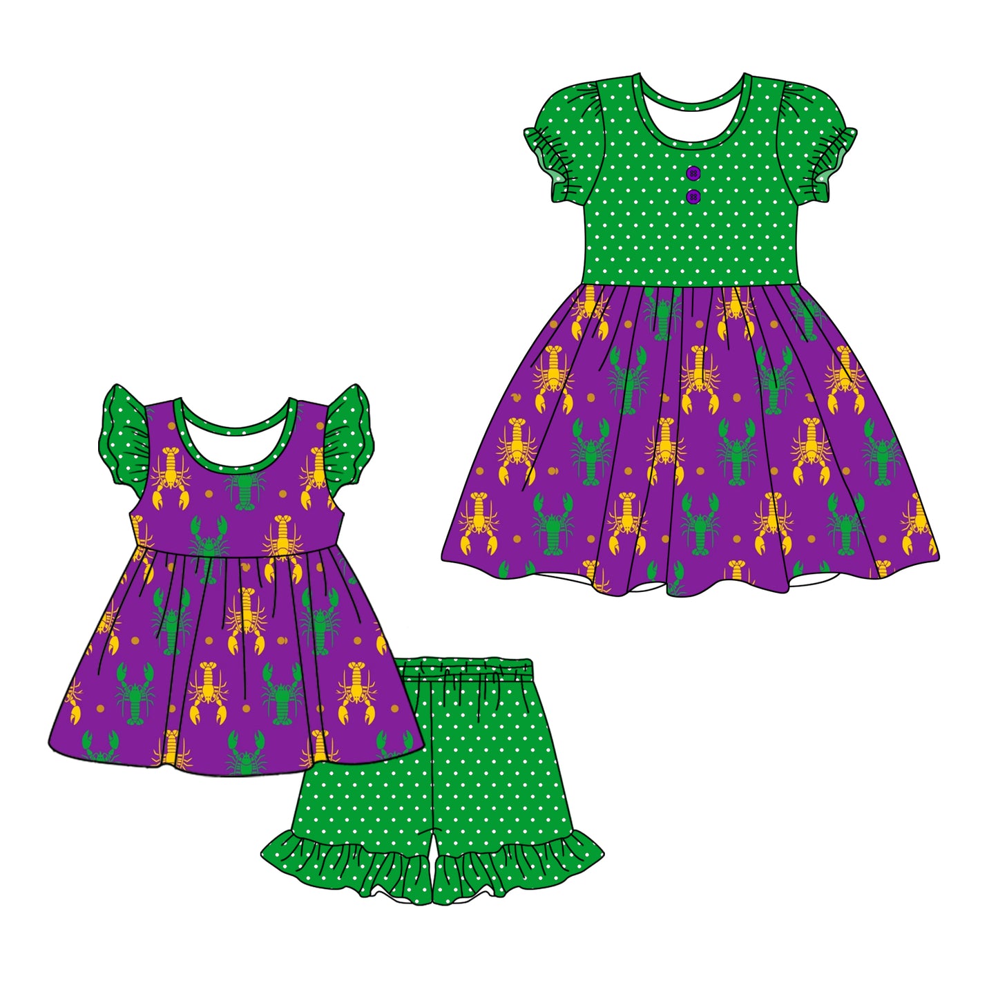 12.4 custom each style moq 5eta 4-6week Sibling Sister mardi gras baby girl short sleeve shorts sets and dresses match design