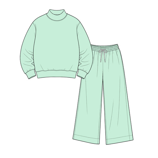custom moq 5 mix size Baby Kids Casual Solid Color Long Sleeve Top Long Pants Mint Daily Clothes Set