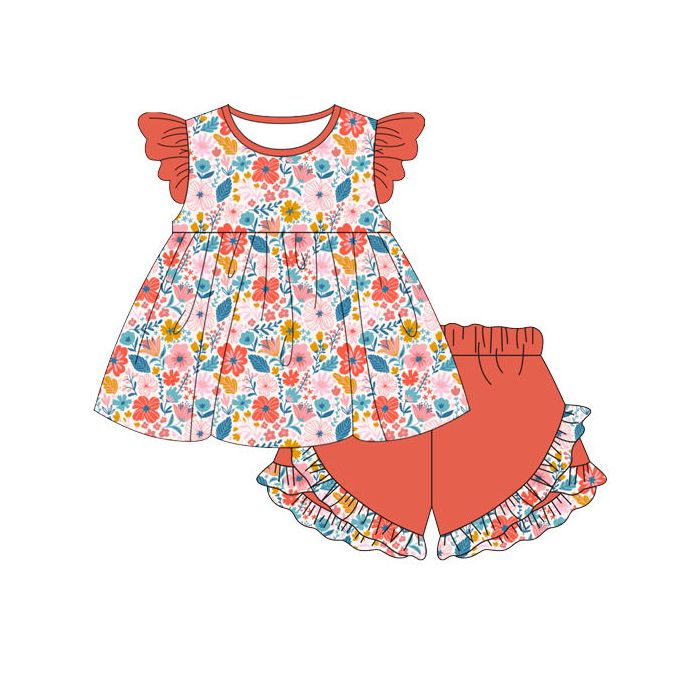 GSSO0510 Flower brick red flying sleeve shorts suit