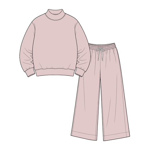 custom moq 5 mix size Baby Kids Casual Solid Color Long Sleeve Top Long Pants Dusty Pink Daily Clothes Set