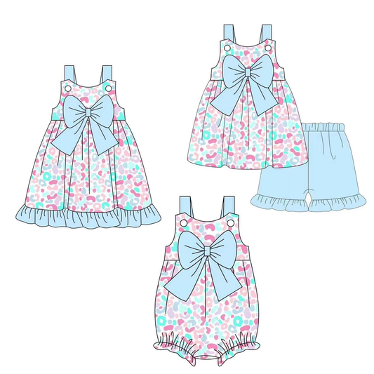 Custom summer baby girls clothes leopard short sleeve shorts sets dress romper