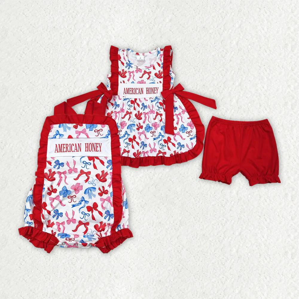 RTS NO MOQ baby girls clothes 4th of july short-sleeved shorts suit & and romper