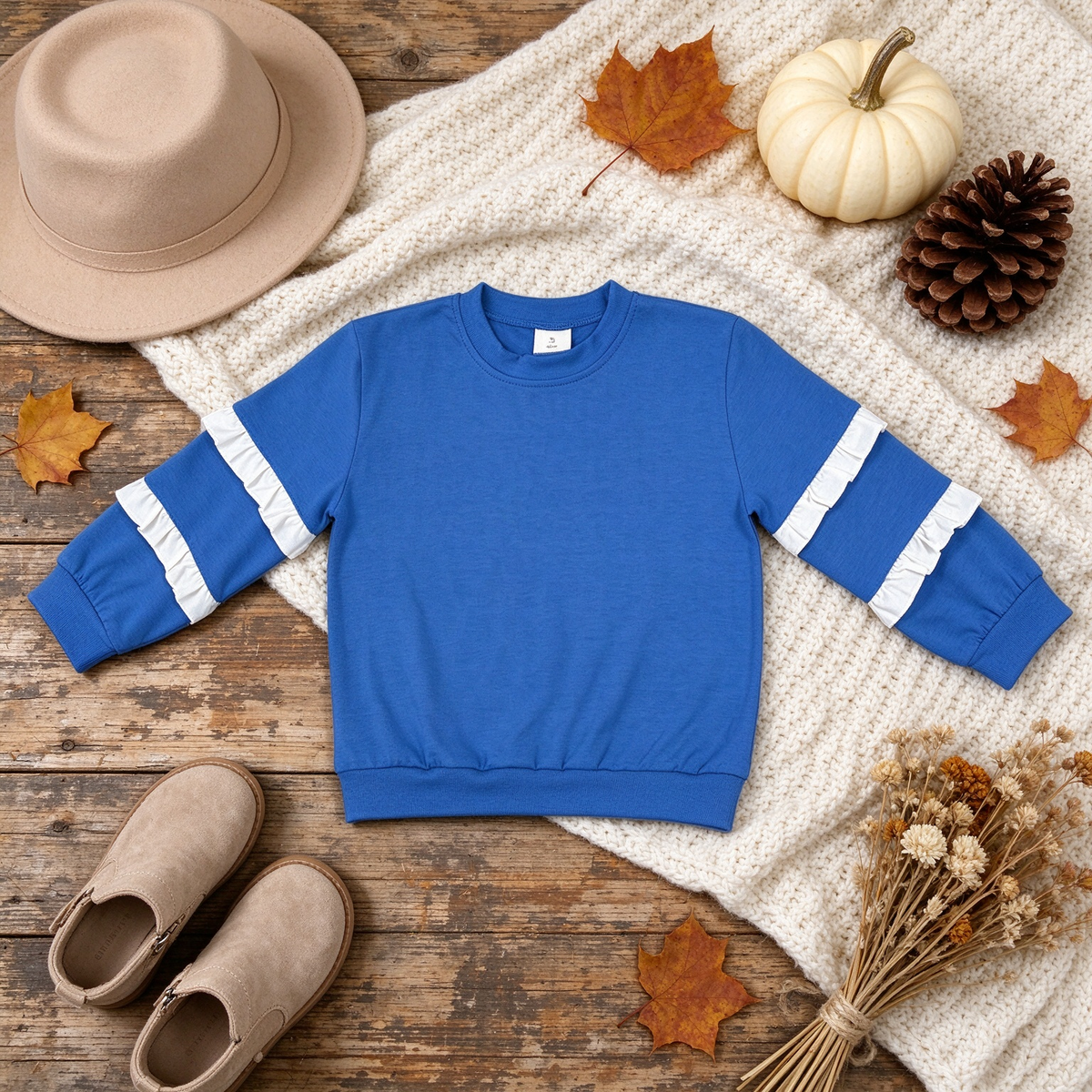 NEW RTS NO MOQ cotton GT1860 Baby Girls Blue White Patchwork Long Sleeve T-shirts Top