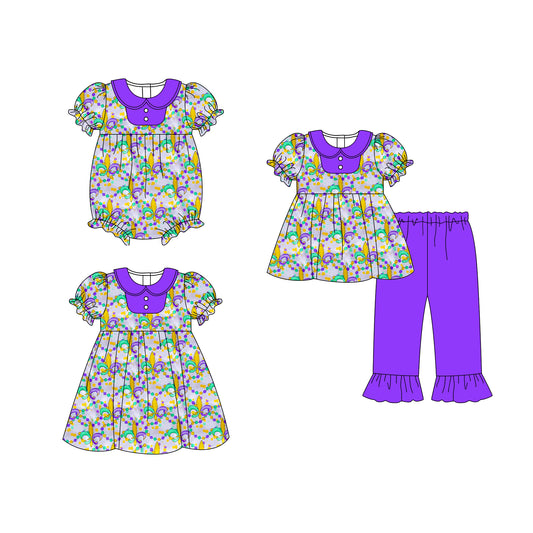 25.10.20 custom each style moq 5 eta 6-8week Sibling Sisters mardi gras baby girl short sleeve pants sets and dress and rompers match family design