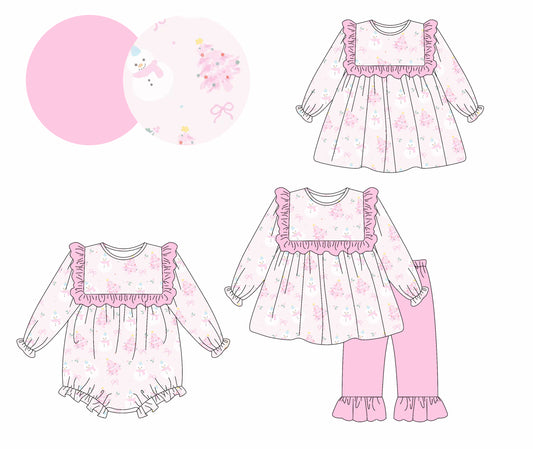 25.5.14 custom each style moq 5eta 4-6week Sibling Sisters Christmas trees bow baby girl long sleeve pants sets and dress and rompers match family design