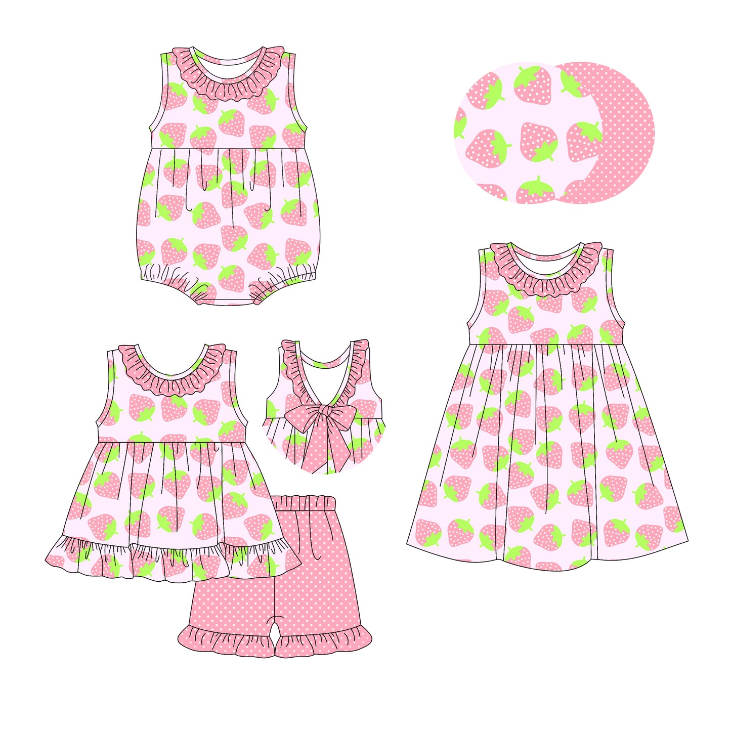 3.3 custom each style moq 5eta 4-6week Sibling Sister strawberry baby girl short sleeve shorts sets and dress and rompers match family design