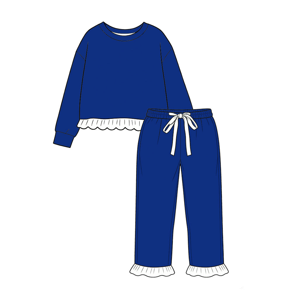 custom moq 5 mix size Baby Girls Blue Ruffle Trim Long Sleeve Top And Drawstring Striped Ruffle Pants Set