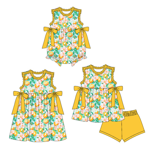 4.8 custom each style moq 5eta 4-6week Sibling Sisters floral orange baby girl short sleeve shorts sets and dress and rompers match family design