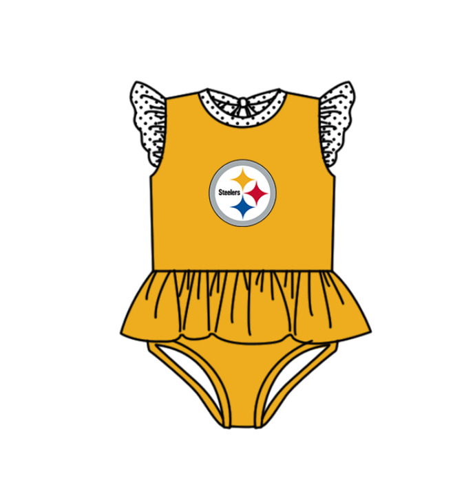 Custom moq 5 mix size milk silk summer teams baby girl boys clothes Yellow Two-Piece Swimsuit Set One Piece Swimsuits boy swim trunks