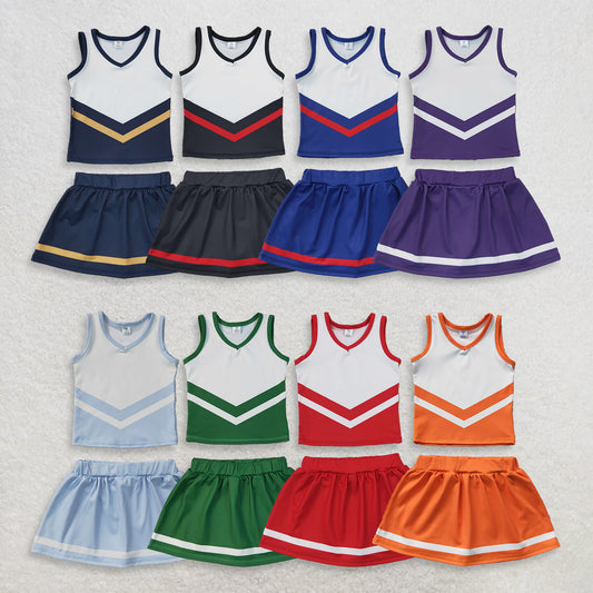 RTS NO MOQ Sibling yoga fabric Baby Girls Stripe Vest Top Matching Skort Team Yoga Active Clothes Set