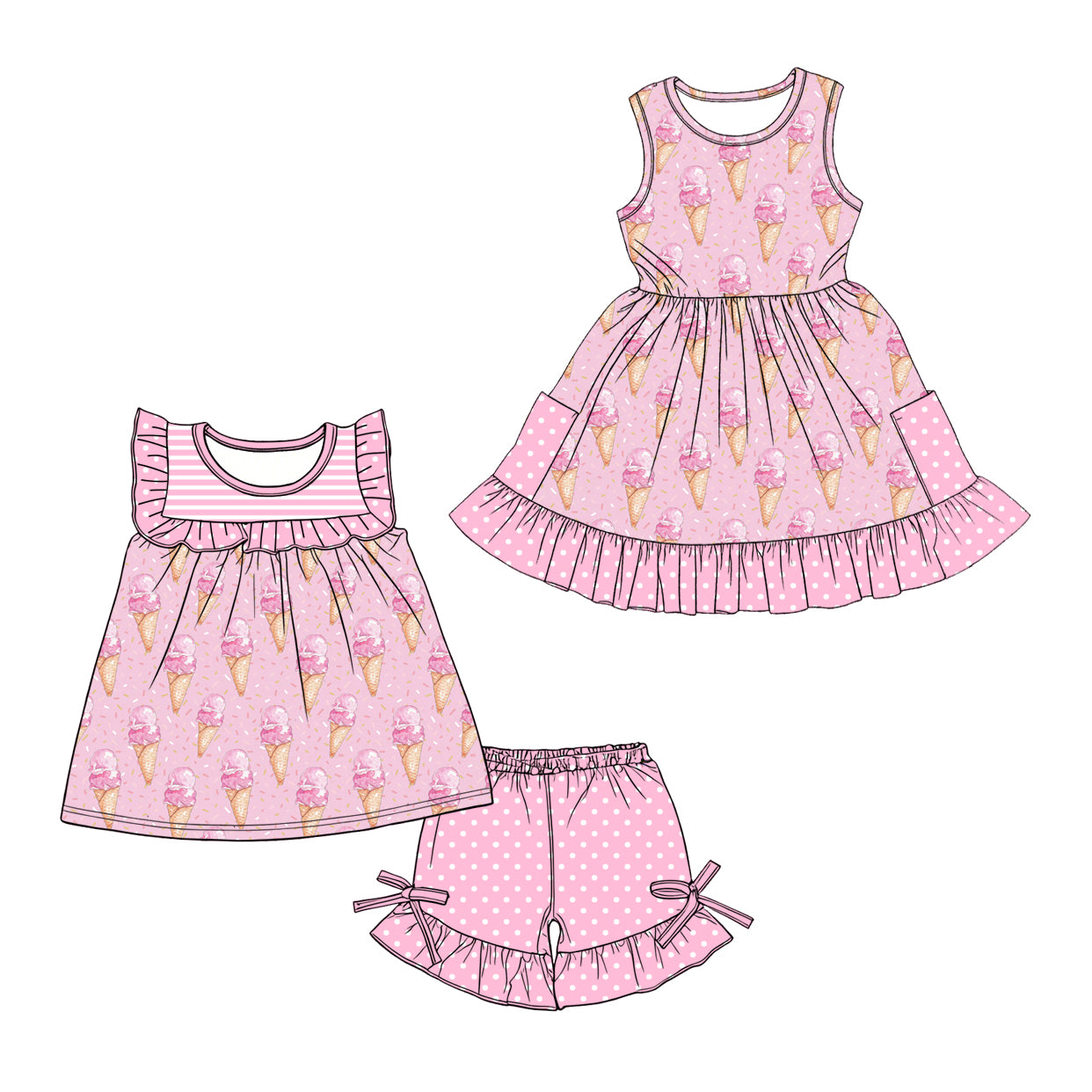 Custom moq 5 mix size Sibling Baby Girl's  pink sleeveless Top And Shorts Set Cute Dress for Summer