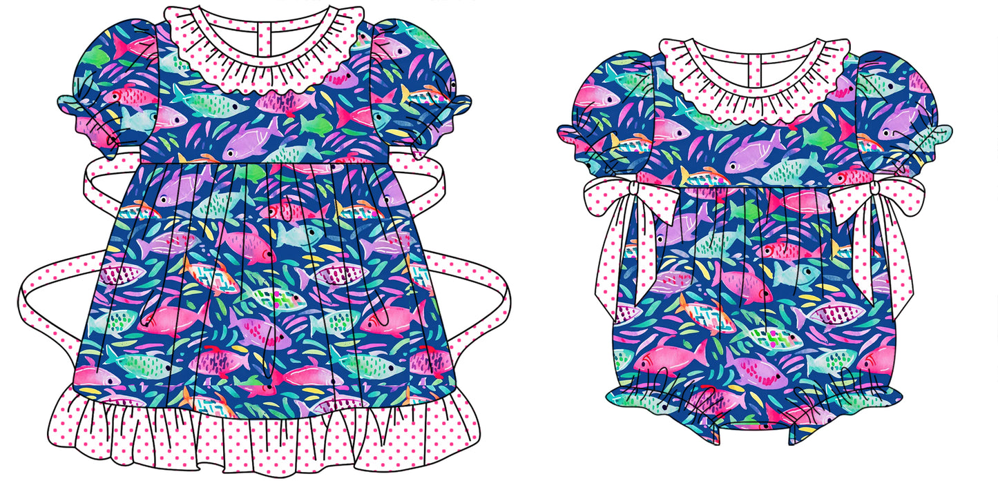 11.9 custom each style moq 5eta 4-6week Sibling Sister fish baby girl short sleeve dress and rompers match family design