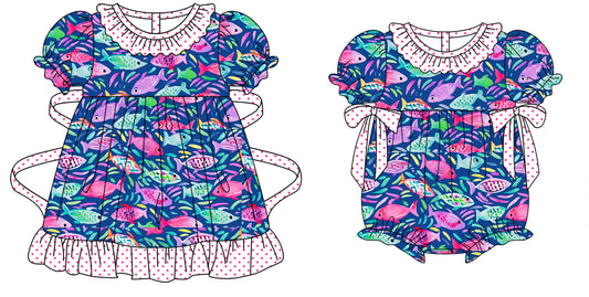 11.9 custom each style moq 5eta 4-6week Sibling Sister fish baby girl short sleeve dress and rompers match family design