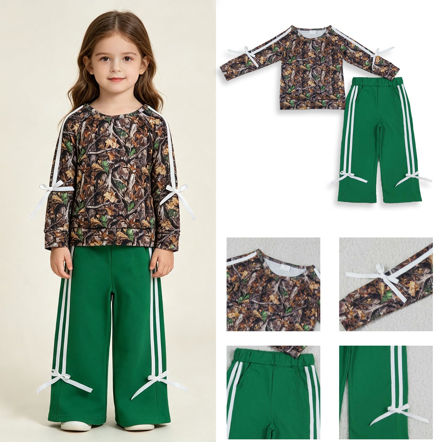 RTS No moq milk silk GLP3358 Baby Girls Long Sleeve Leaves Camo Top Pockets Bows Pant Clothes Sets