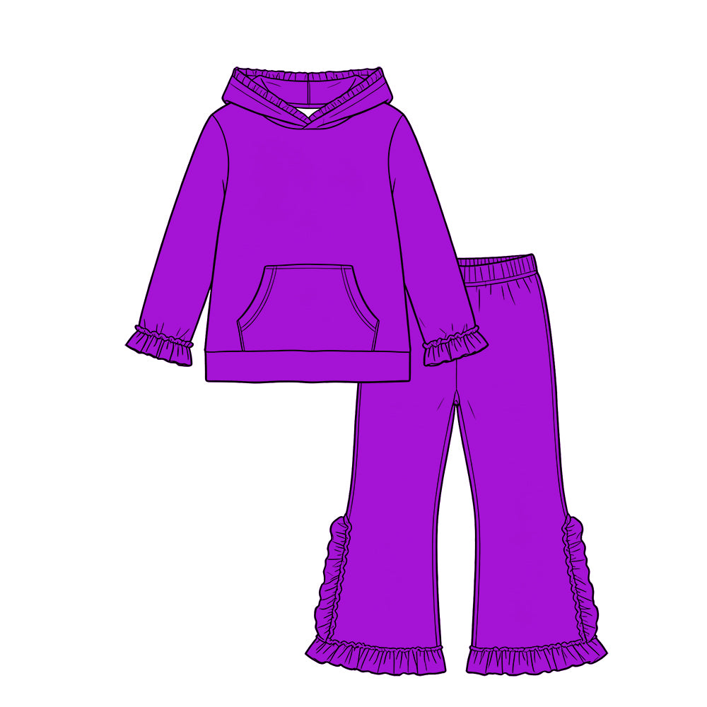 Custom moq 5 girls  Blank Cotton Fabric hooded long-sleeve top and pants set Deep purple long-sleeved, long-trouser set with a hood and lace detailing