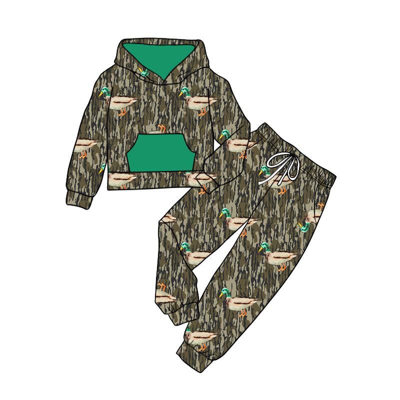 8.31 custom each style moq 5eta 4-6week baby girls clothes duck green hooded long sleeve pants sets