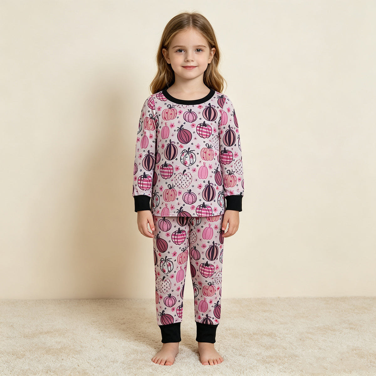NEW RTS NO MOQ milk silk GLP3357 Baby Girls Flowers Pumpkins Print Long Sleeve Top Pant Pajamas Sets