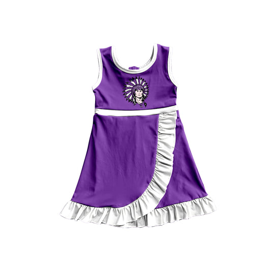 Custom moq 5 mix size milk silk summer teams Baby Girls Purple White Scallop Sleeveless Yoga Knee Length Dress
