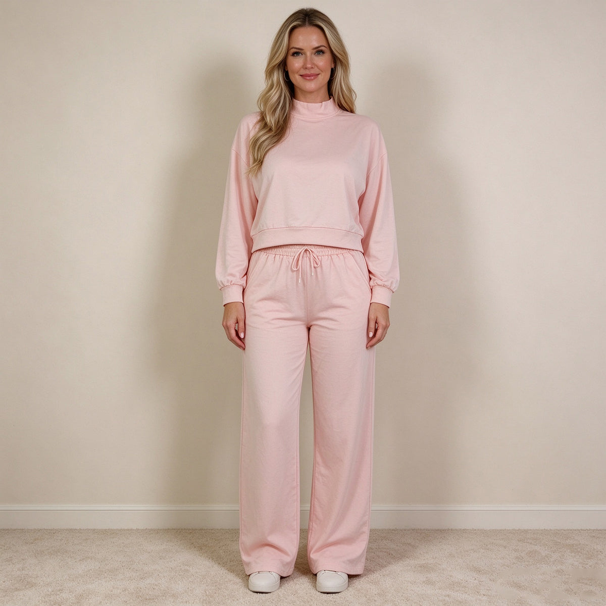 NEW RTS NO MOQ cotton GLP3415 Adult Women Light Pink Long Sleeve Top And Flare Pant Fall Set