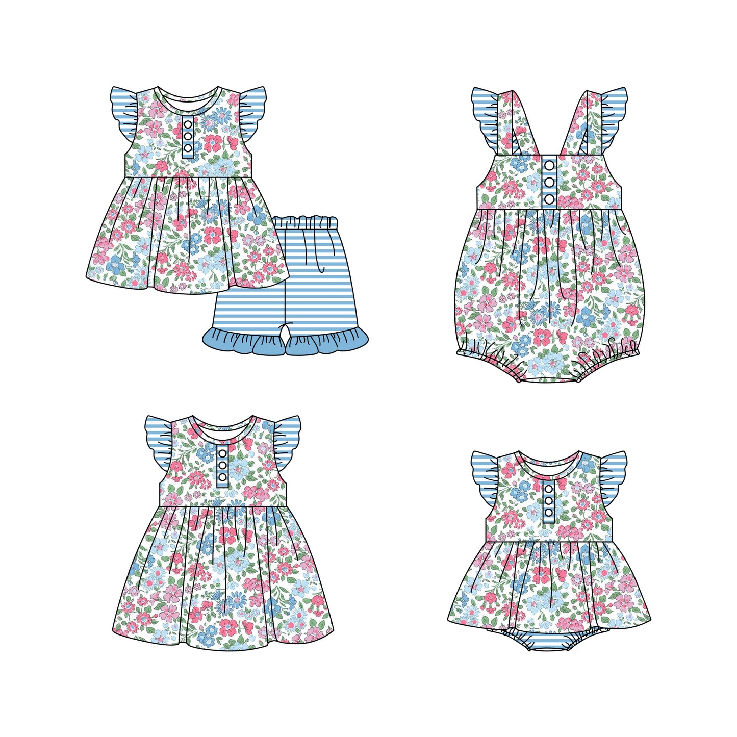 11.16 custom each style moq 5eta 4-6week Sibling Sister floral baby girl short sleeve shorts sets and girls romper and boy romper and dress match design