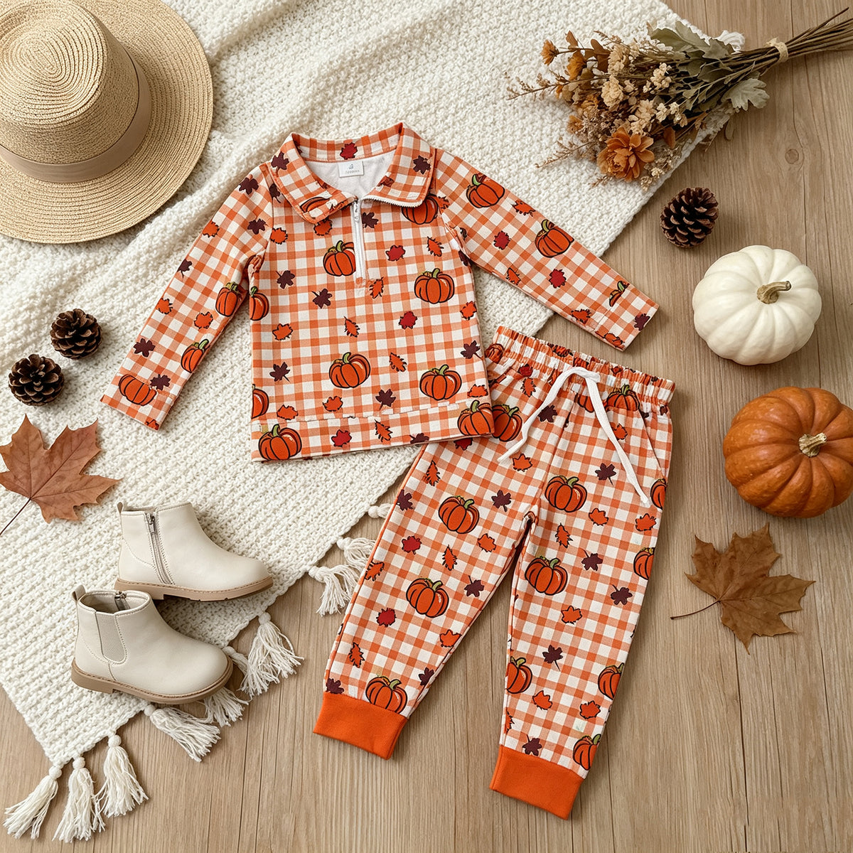 NEW RTS NO MOQ milk silk BLP1574（BT1895+P1198）Baby Boys Pumpkins Checked Print Half Zip Collar Long Sleeve Top Jogger Pant Set