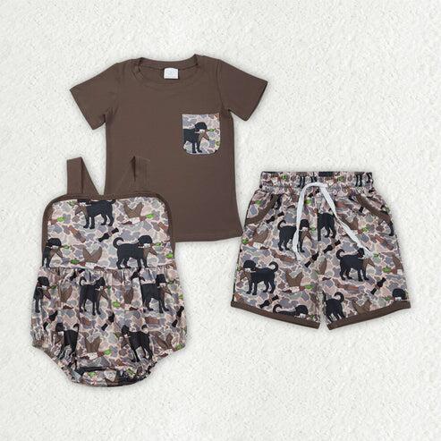 RTS NO MOQ Sibling Baby Boys Brown Camouflage Top with Pockets Short Set Duck Hunting Rompers