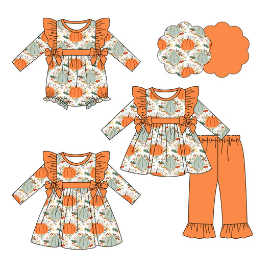 25.6.16 custom each style moq 5eta 4-6week Sibling Sisters pumpkin baby girl long sleeve pants sets and dress and rompers match family design