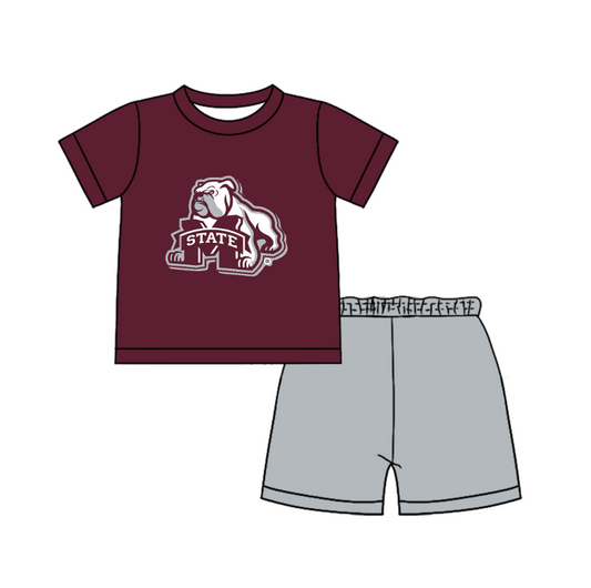 Custom moq 5 mix size milk silk summer teams Baby Boy's Dark red Short-Sleeved O-Neck Top And solid color Shorts Set