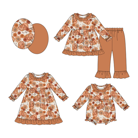 25.7.18 custom each style moq 5eta 4-6week Sibling Sisters pumpkin baby girl long sleeve pants sets and dress and rompers match family design