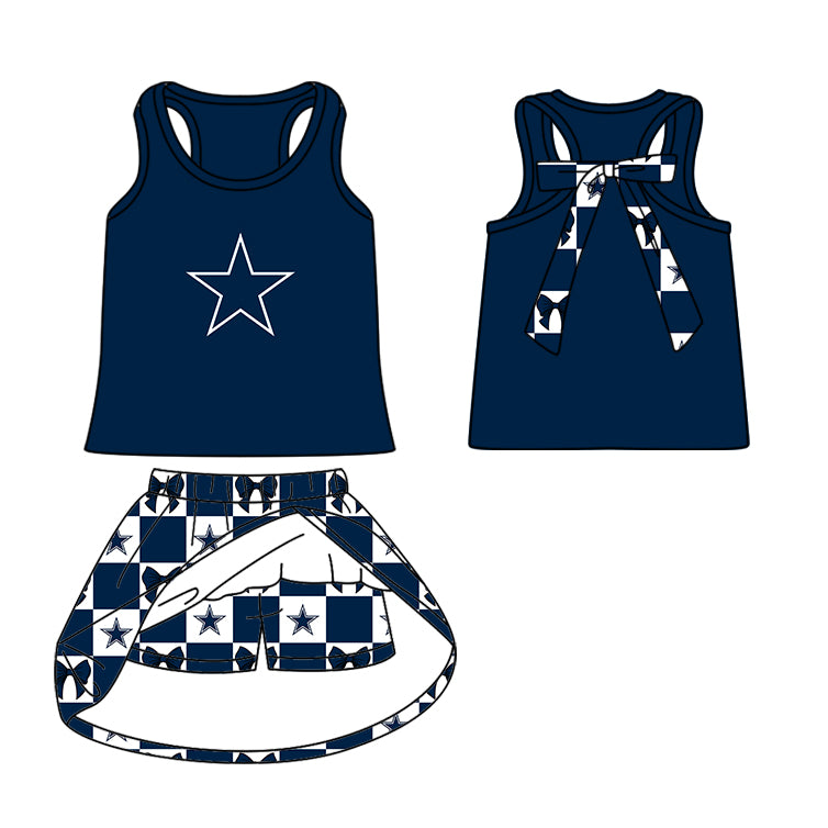 Custom moq 5 mix size milk silk summer teams Checked Baby Girl Navy Blue Sleeveless Top Skirt Short Set Dress And Shorts Yoga Outfit Boy's Top Shorts Set Romper