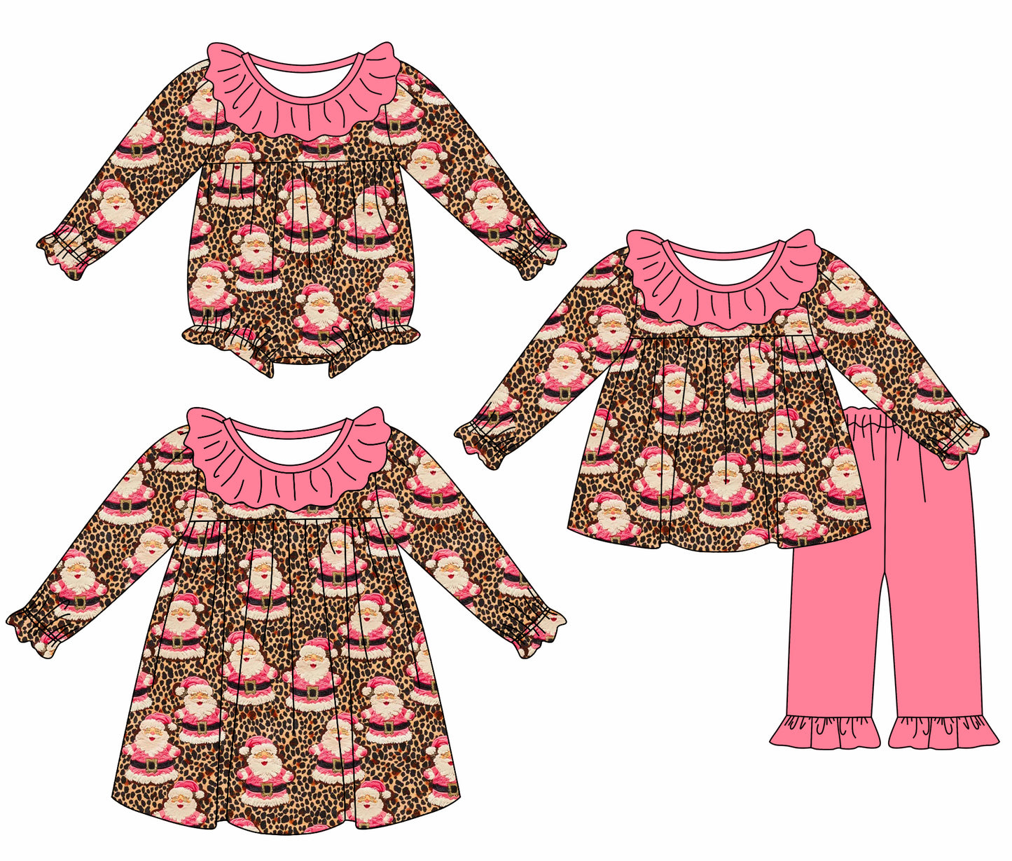 25.5.20 custom each style moq 5eta 4-6week Sibling Sisters Christmas leopard baby girl long sleeve pants sets and dress and rompers match family design