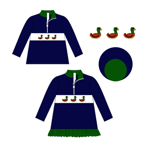 5.20custom each style moq 5eta 4-5week Sibling Sister duck print blue and green long sleeve match family design