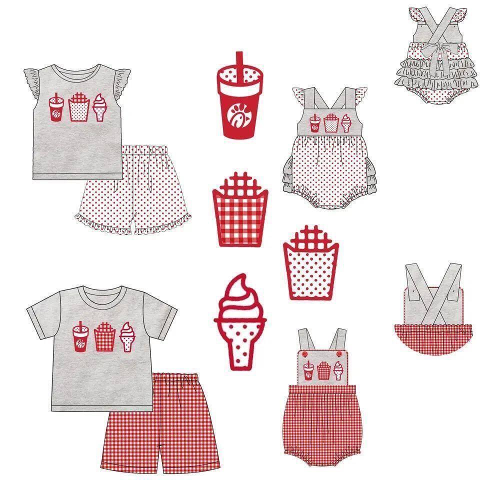 5.18custom each style moq 5eta 4-5week Sibling Sister Drink popcorn ice cream print gray polka dots and red plaid girls and boys outfits and baby romper match family design