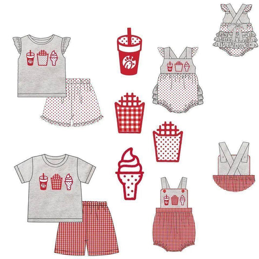 5.18custom each style moq 5eta 4-5week Sibling Sister Drink popcorn ice cream print gray polka dots and red plaid girls and boys outfits and baby romper match family design
