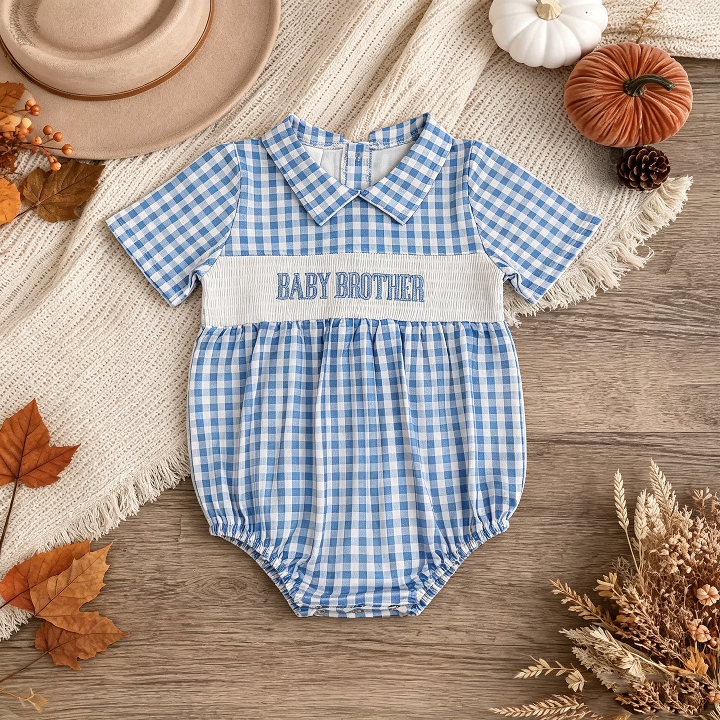 NEW RTS NO MOQ milk silk SR4231 Smocked Baby Blue Check Short Sleeve Casual Rompers