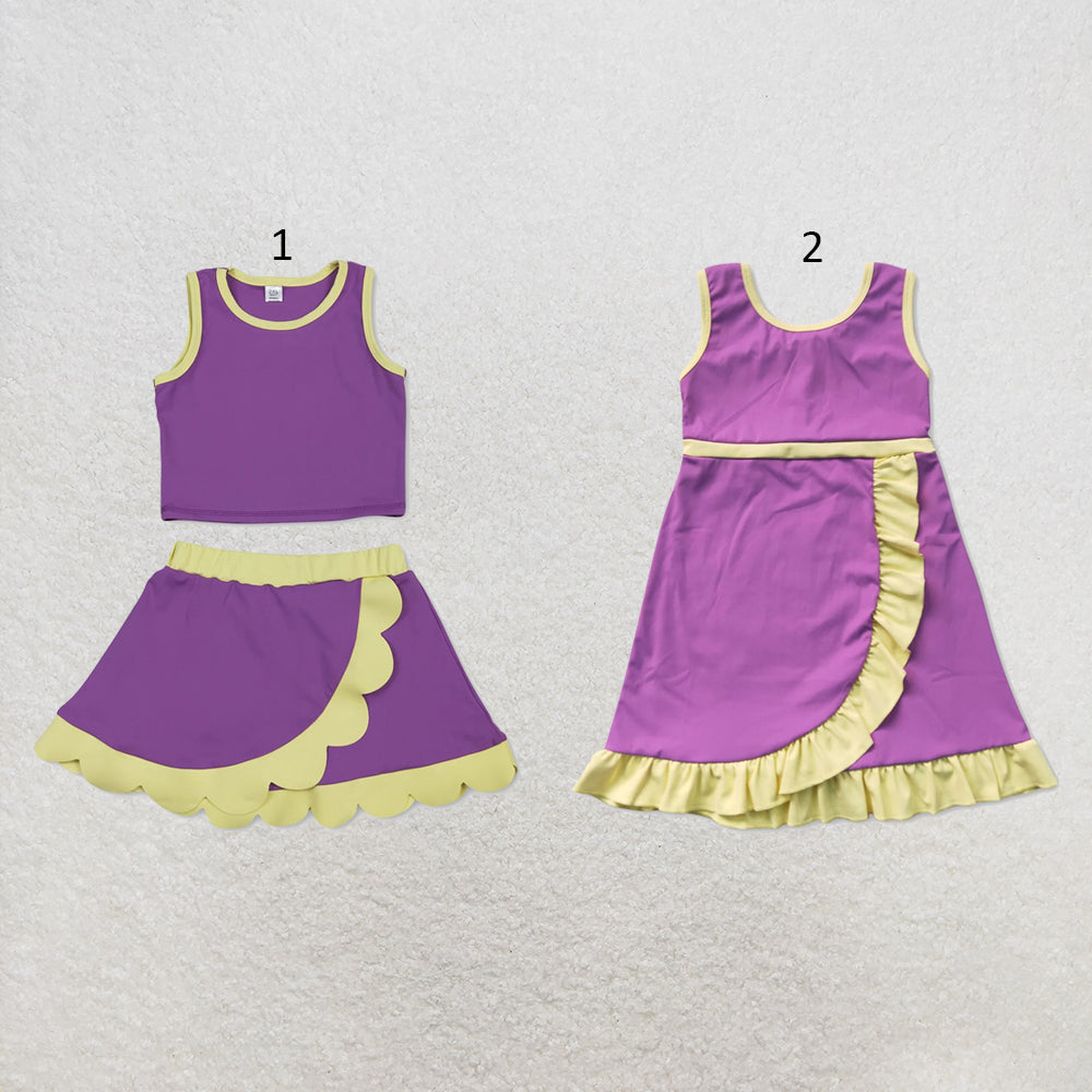 RTS NO MOQ Sibling cotton Baby Girls Purple Yellow Sleeveless Vest Scallop Skirt Yoga Active Set Short Knee Length Dress
